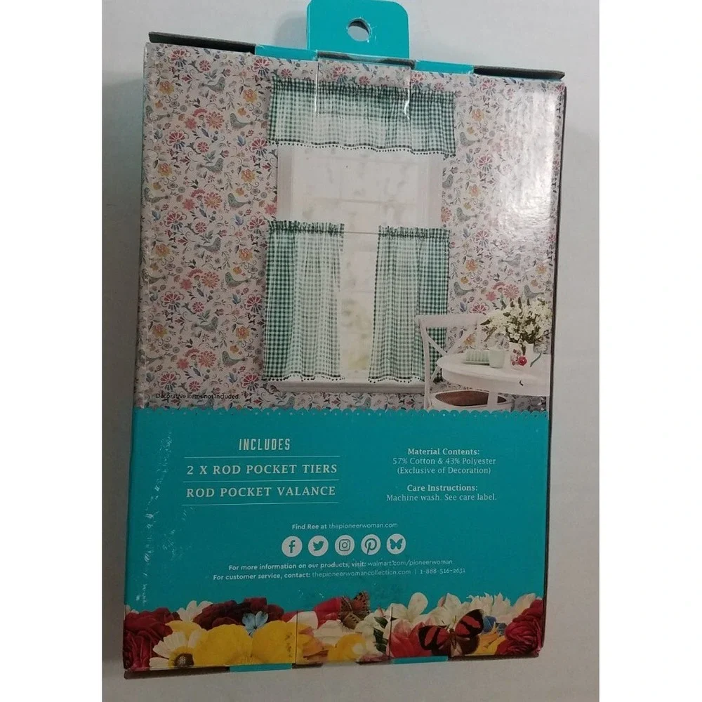 Pioneer Woman Gingham Small‎ Window Curtain & Valance Set 3pc NEW